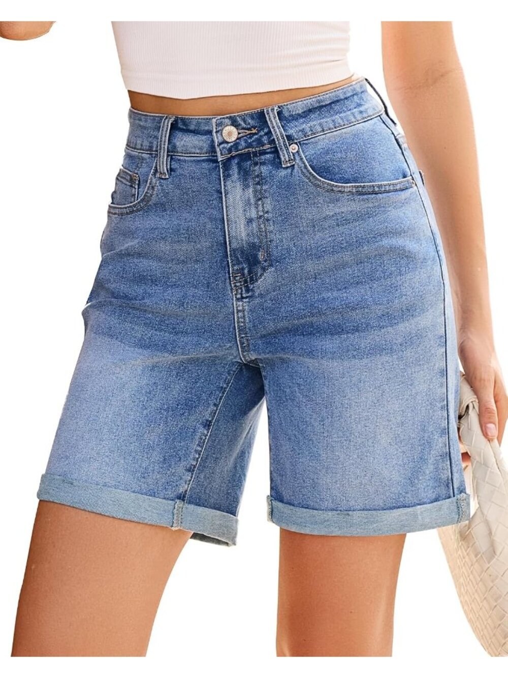 Women's Blue High Waisted Fold Hem Stretchy 5 Basic Pocket Long Denim Shorts